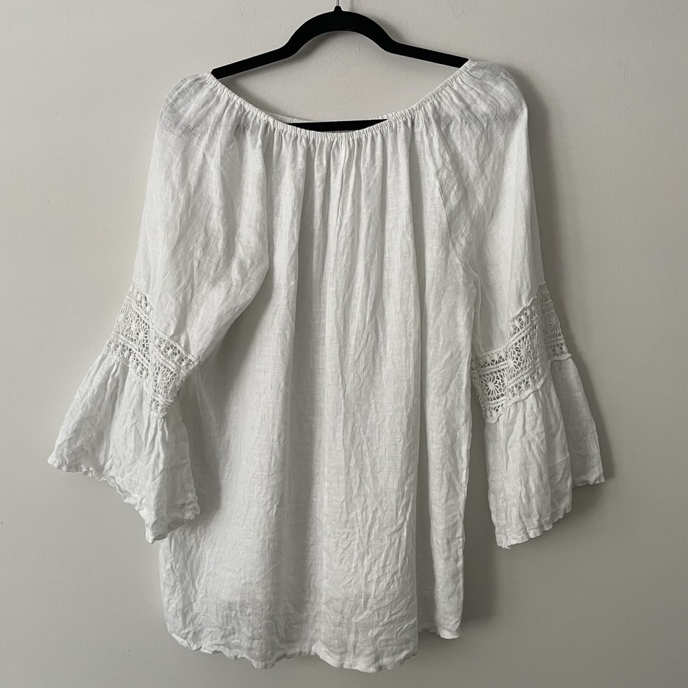 100% Linen Crochet Bell Sleeve Blouse White Sz L Lagenlook Minimalist Boho Italy - Picture 2 of 11